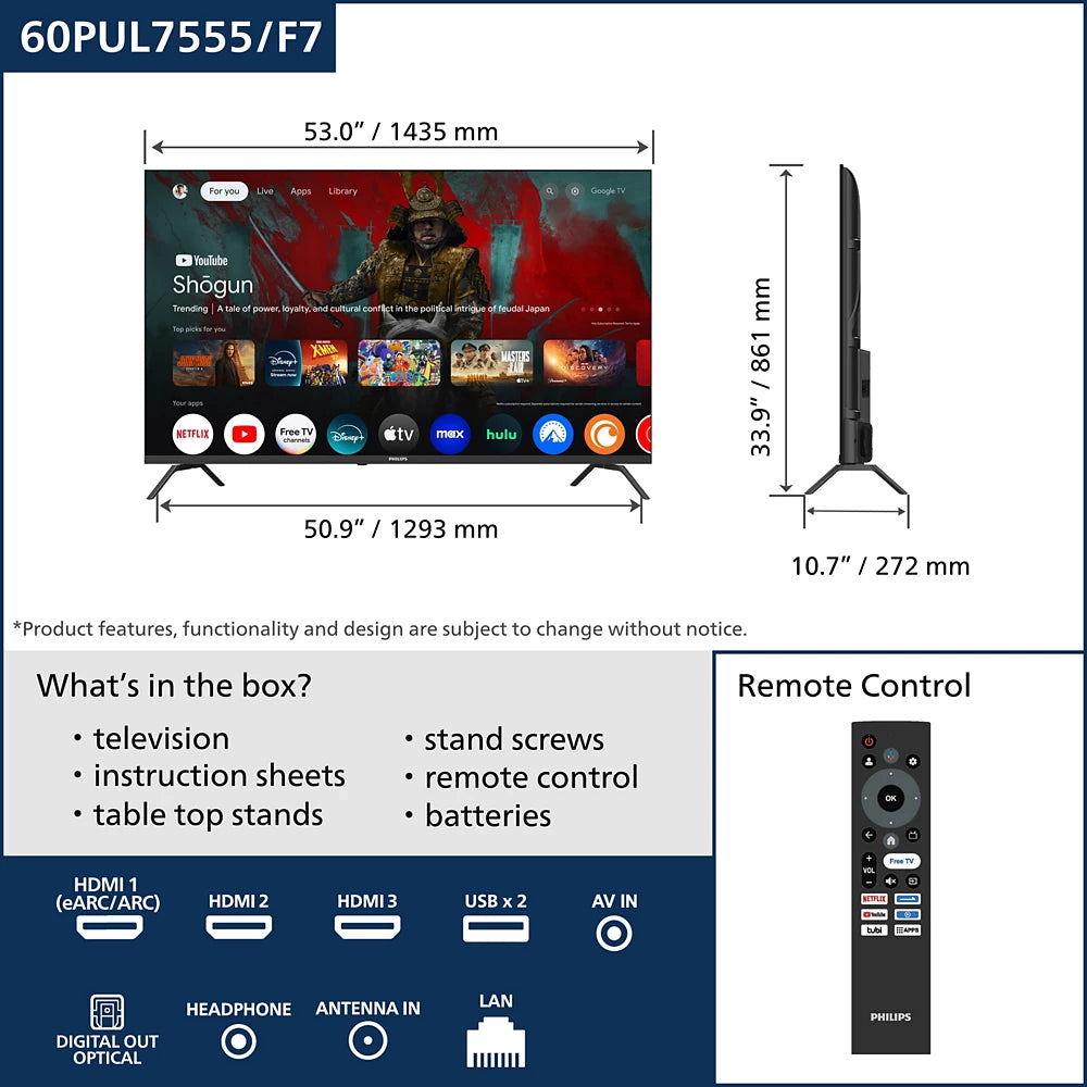 Entertainment Series 7000 series 4K Ultra HD LED Google TV (60PUL7555/F7)